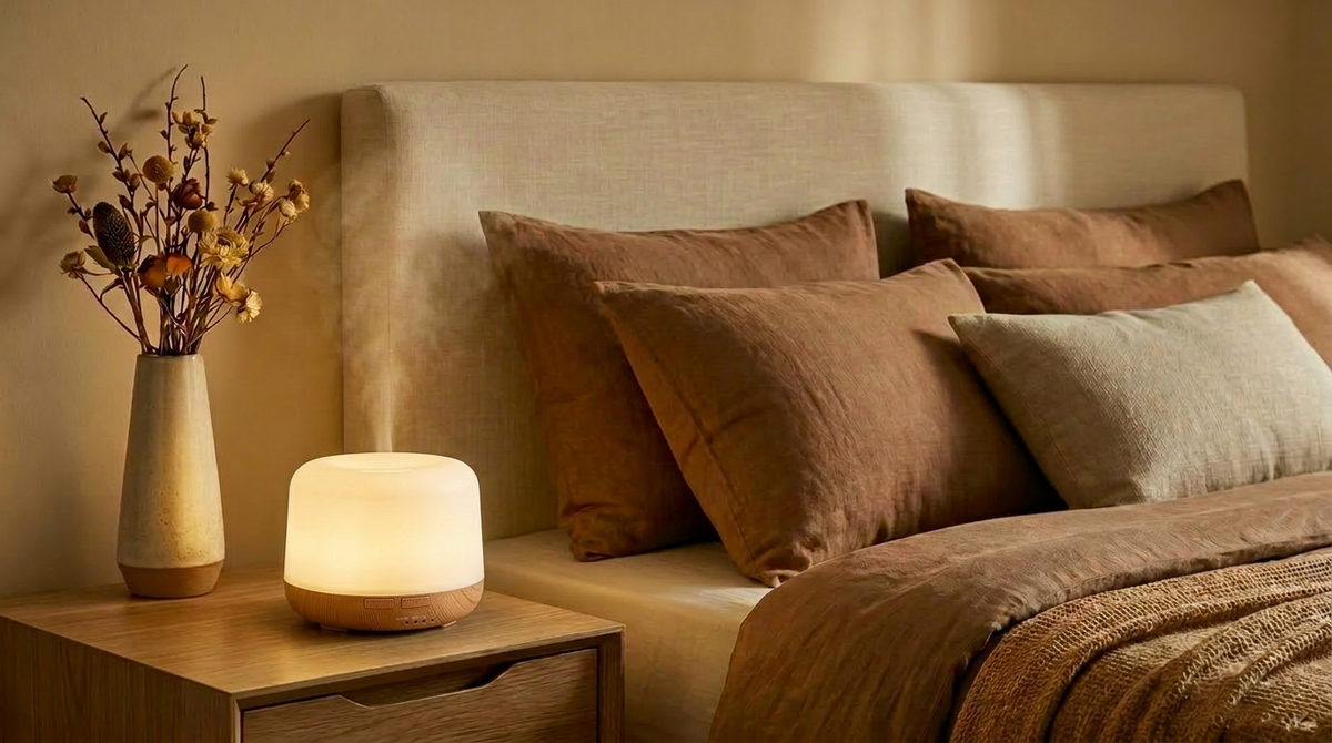 Pniaw 500ml wood grain diffuser glowing with warm yellow LED light on a bedroom nightstand, creating a cozy sleep atmosphere with dried flowers.