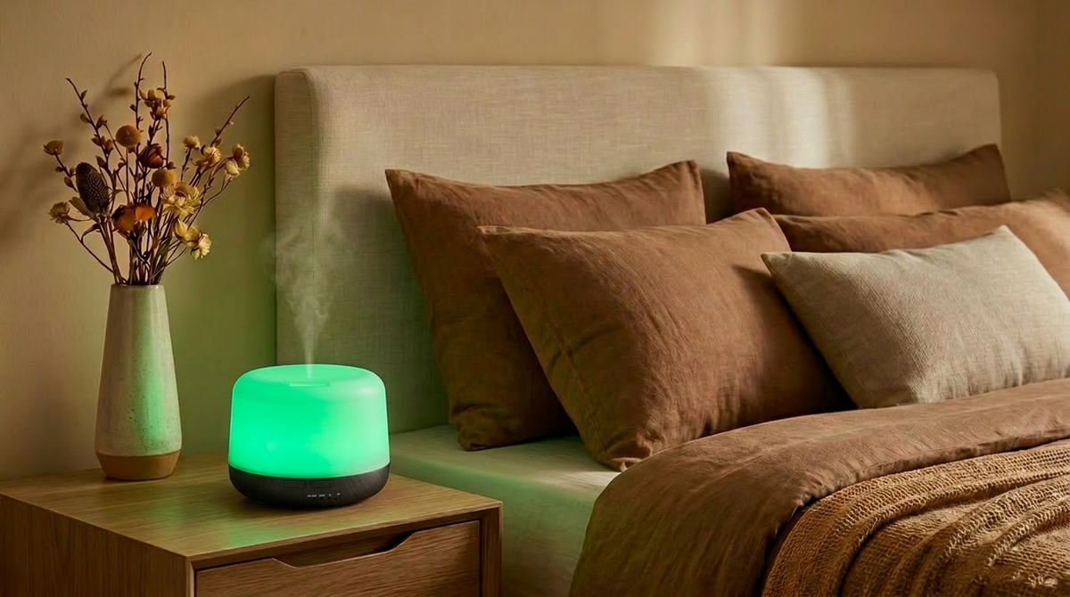 Pniaw 500ml wood grain essential oil diffuser glowing with green LED light on a bedroom nightstand, creating a cozy sleep atmosphere with dried flowers.