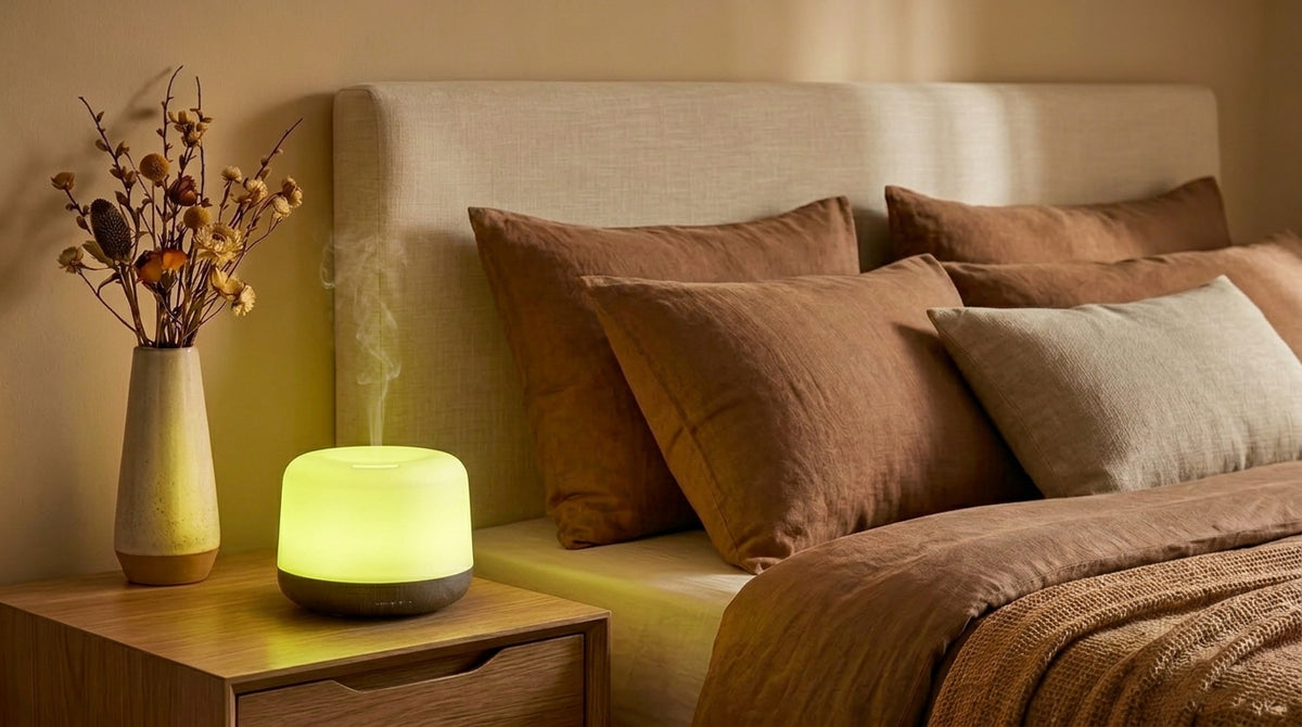 Pniaw 500ml wood grain essential oil diffuser glowing with green yellow LED light on a bedroom nightstand, creating a cozy sleep atmosphere with dried flowers.