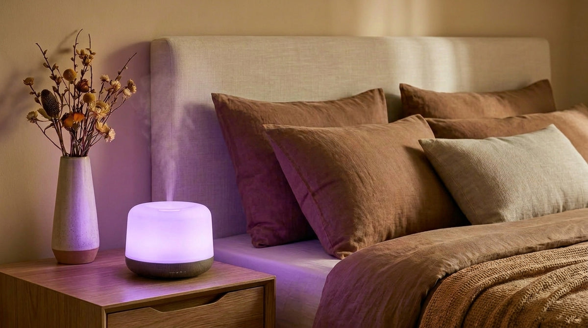 Pniaw 500ml wood grain essential oil diffuser glowing with purple LED light on a bedroom nightstand, creating a cozy sleep atmosphere with dried flowers.