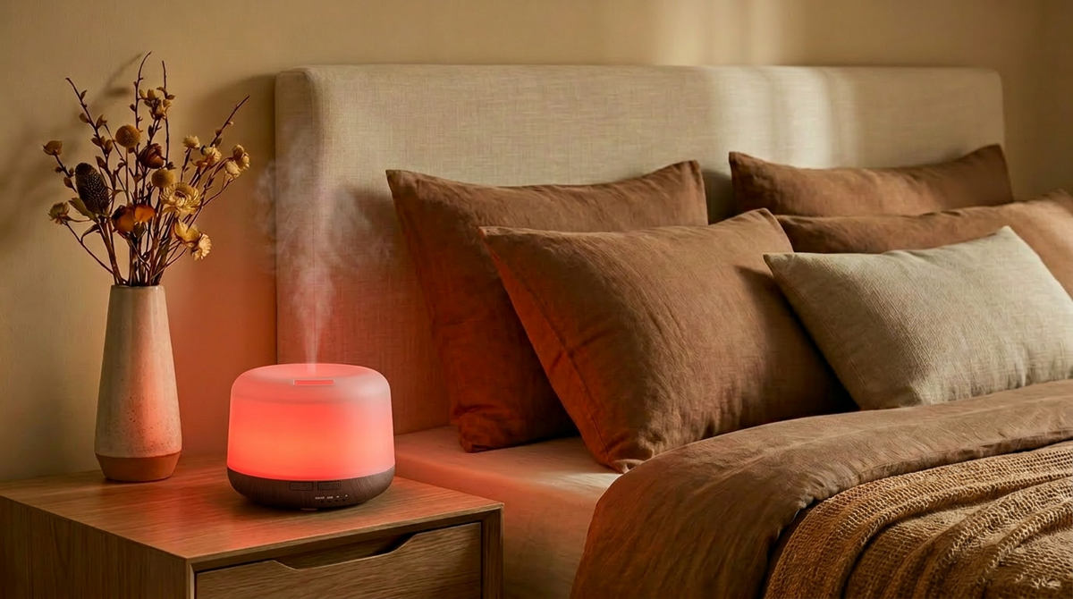 Pniaw 500ml dark wood grain essential oil diffuser glowing with red LED light on a bedroom nightstand, creating a cozy sleep atmosphere with dried flowers.