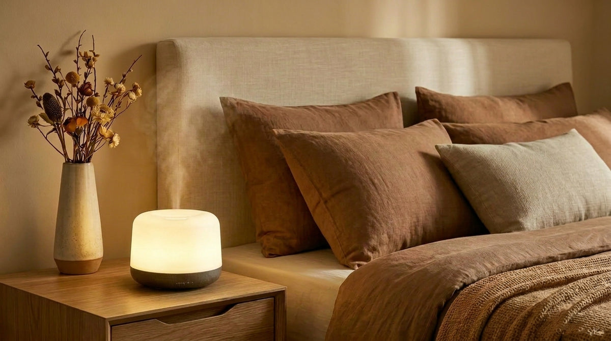 Pniaw 500ml wood grain essential oil diffuser glowing with warm yellow LED light on a bedroom nightstand, creating a cozy sleep atmosphere with dried flowers.