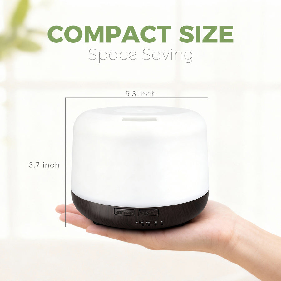 Compact and space-saving Pniaw 500ml diffuser held in hand, measuring 5.3 inches wide and 3.7 inches high, perfect for small spaces.