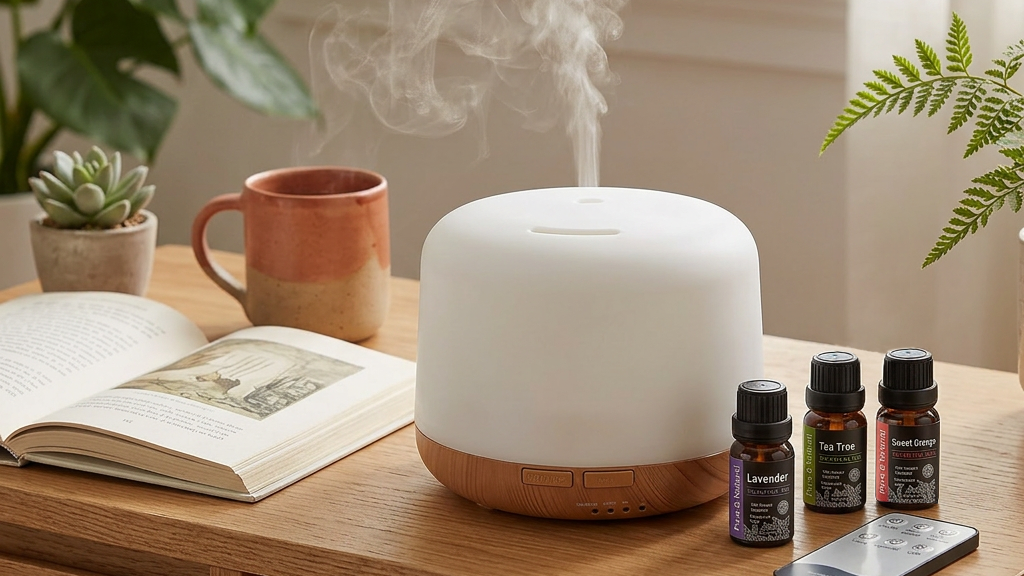 Pniaw 500ml ultrasonic aroma diffuser on a wooden desk with an open book, coffee mug, and a set of lavender, tea tree, and sweet orange essential oils.