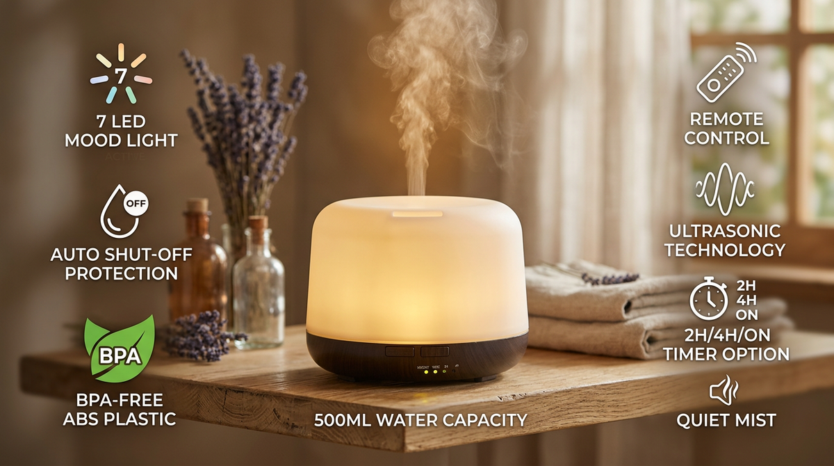 Infographic of Pniaw 500ml aroma diffuser features: 7 LED mood light, remote control, 2H/4H/ON timer, auto shut-off, ultrasonic quiet mist, and BPA-free ABS plastic with 500ml capacity.