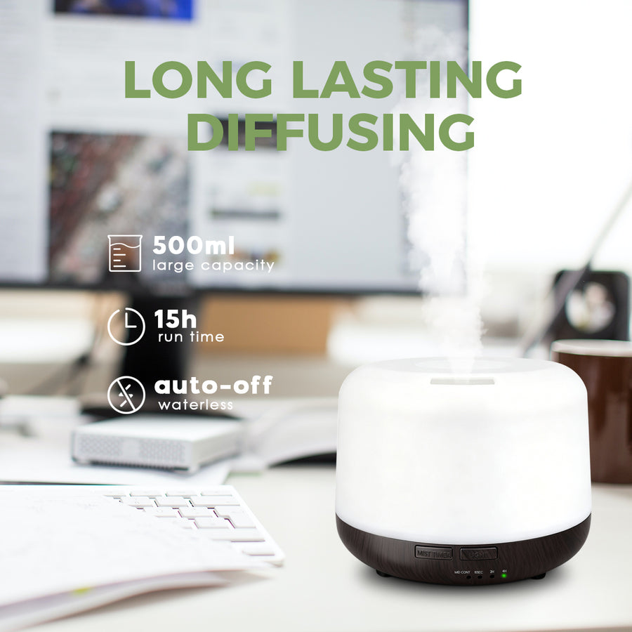 Pniaw 500ml large capacity diffuser providing up to 15 hours of run time with auto-off waterless protection, ideal for long work sessions.