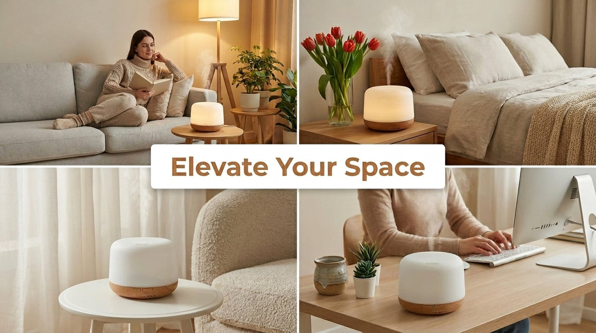Collage showing Pniaw 500ml diffuser elevating different spaces: living room relaxation, bedroom nightstand, reading nook, and home office desk.