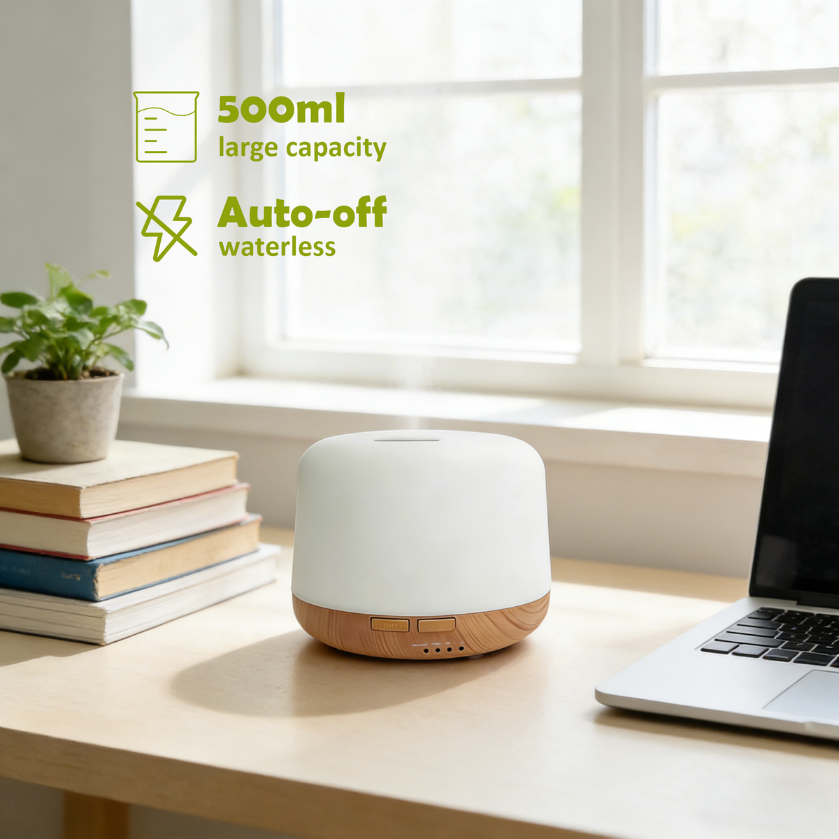 Pniaw 500ml essential oil diffuser on a home office desk next to a laptop, highlighting 500ml large capacity and auto-off waterless protection.