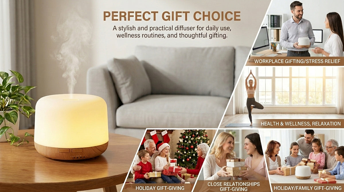 Pniaw 500ml diffuser and essential oil set as a perfect gift choice for workplace wellness, yoga relaxation, holidays, and family gatherings.