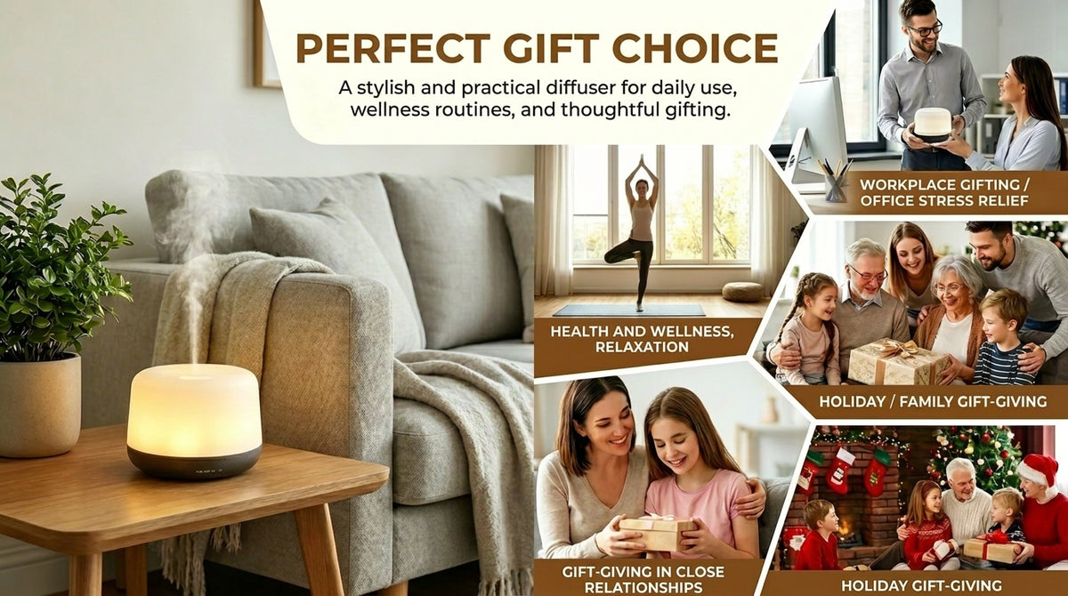 Pniaw 500ml diffuser and essential oil set as a perfect gift choice for workplace stress relief, health wellness, and holiday family gift-giving.