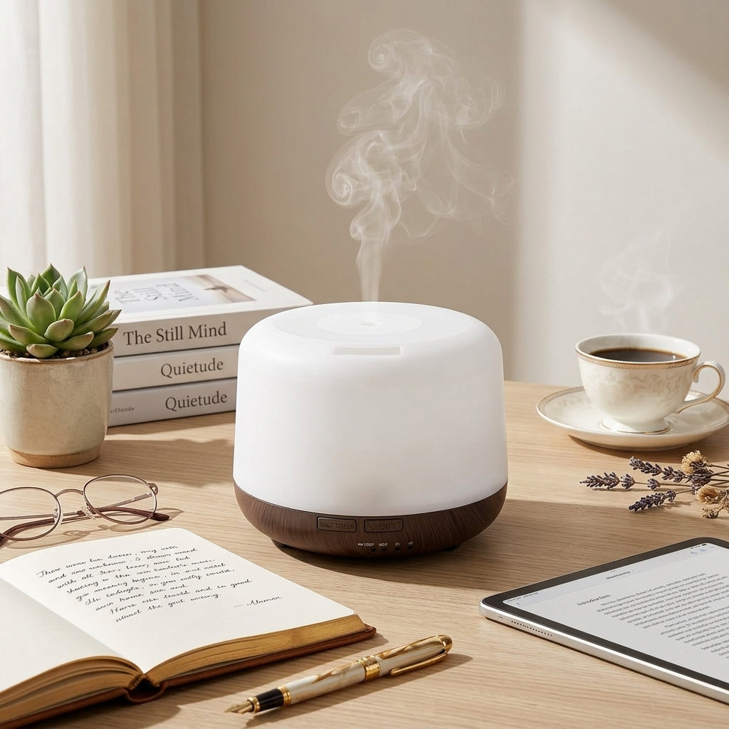 Pniaw 500ml ultrasonic humidifier on a relaxing reading desk with a succulent plant, coffee cup, glasses, and an e-reader tablet.