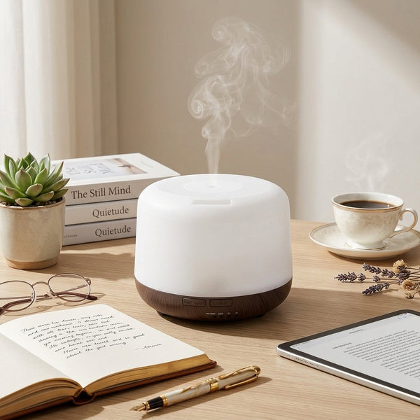 Pniaw 500ml ultrasonic humidifier on a relaxing reading desk with a succulent plant, coffee cup, glasses, and an e-reader tablet.
