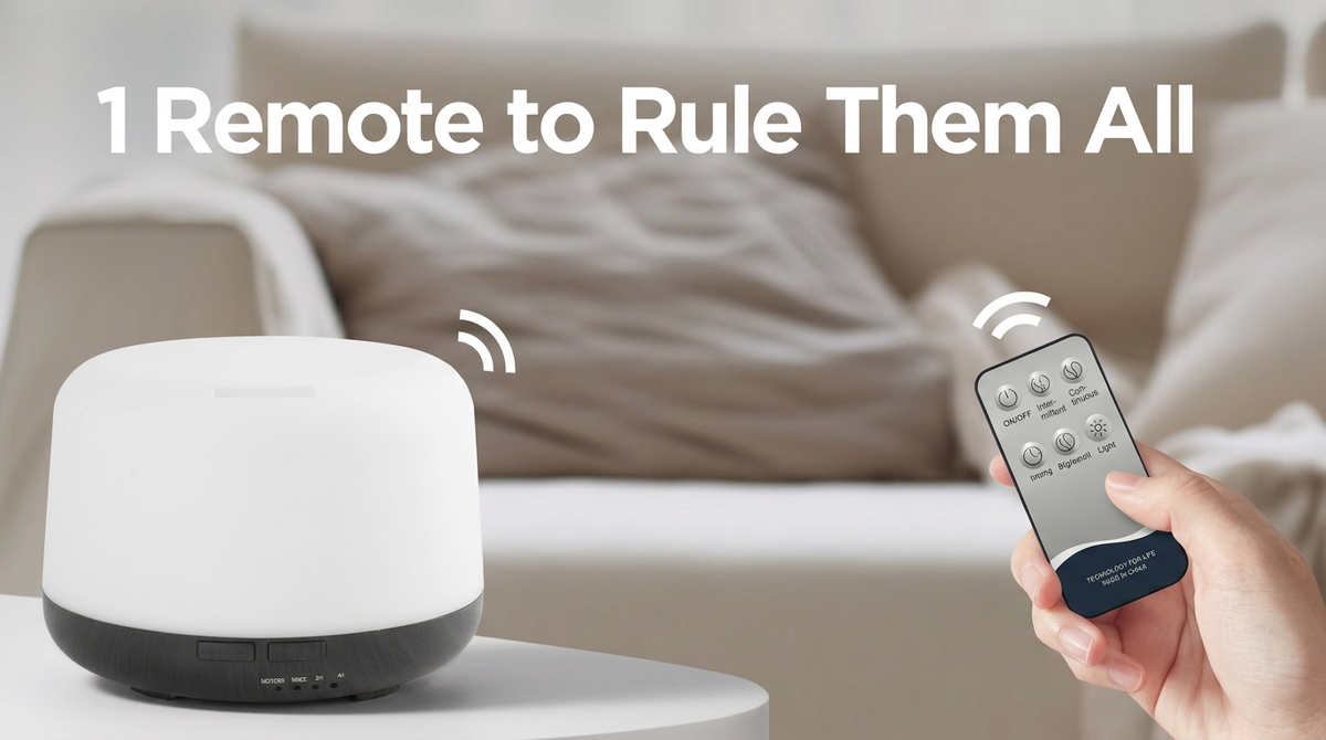 Hand holding the remote control for the Pniaw 500ml diffuser, demonstrating wireless operation and convenience from the sofa or bed.