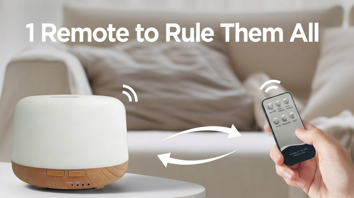 Hand holding the remote control for the Pniaw 500ml wood grain diffuser, demonstrating wireless operation and convenience from the sofa.