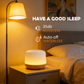 Pniaw 500ml wood grain diffuser in a cozy bedroom setting for good sleep, featuring 35dB noiseless operation and auto-off waterless safety.