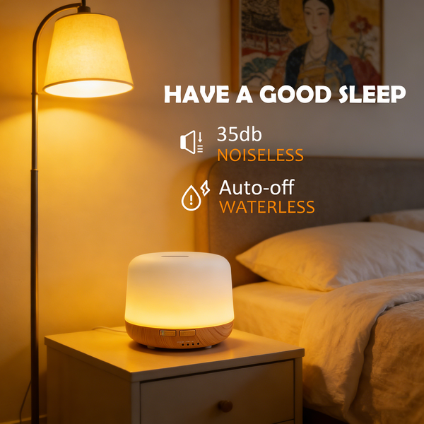 Pniaw 500ml wood grain diffuser in a cozy bedroom setting for good sleep, featuring 35dB noiseless operation and auto-off waterless safety.