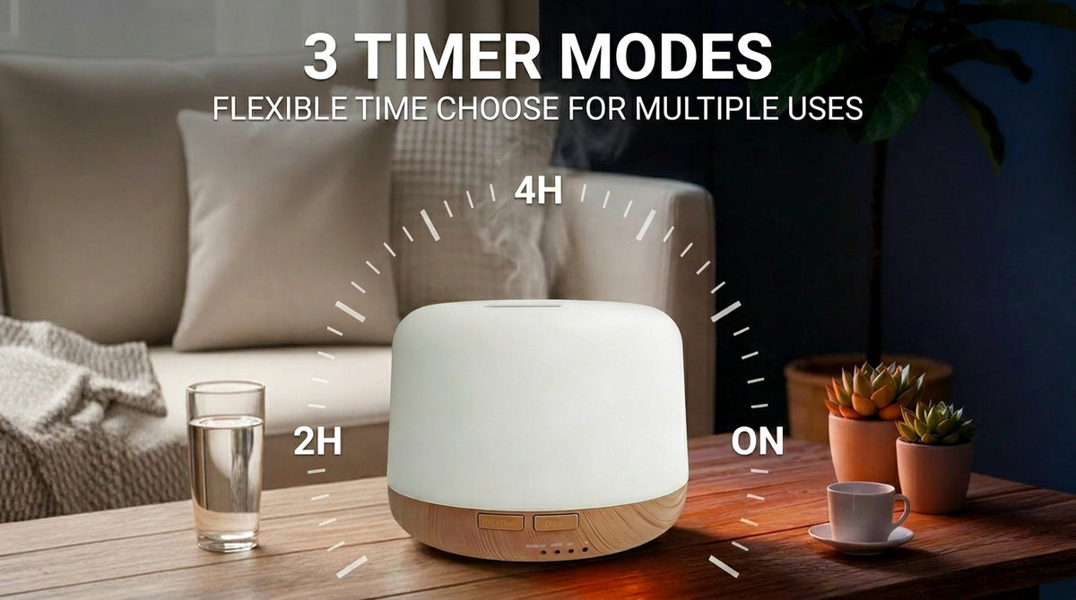 Pniaw 500ml essential oil diffuser timer settings illustration showing flexible 2-hour, 4-hour, and continuous ON modes for customized use.