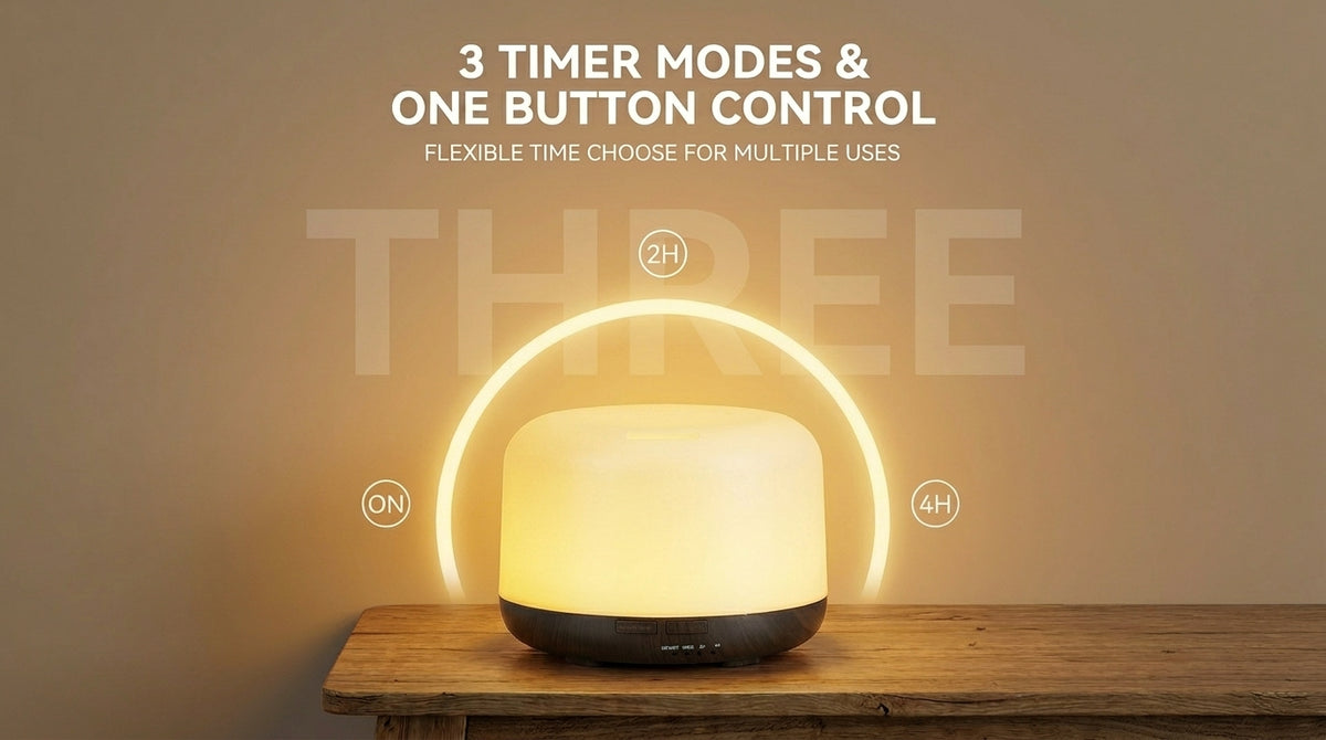 Pniaw 500ml essential oil diffuser showing 3 timer modes (ON, 2H, 4H) and one-button control for flexible aromatherapy sessions.