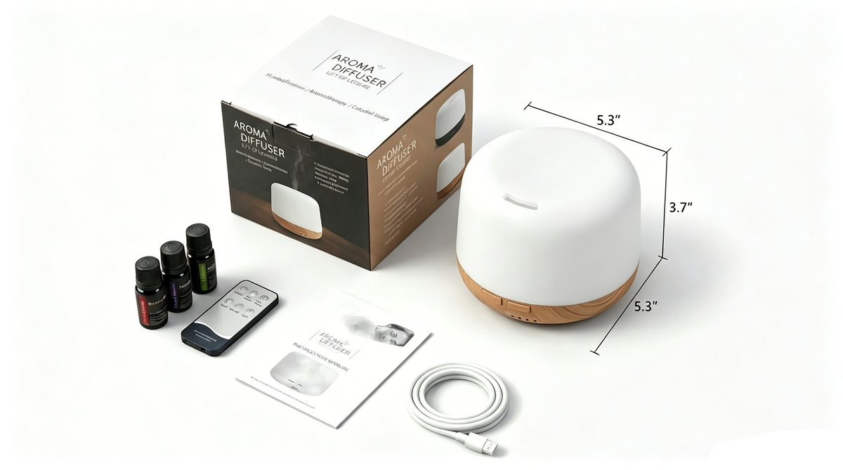 Pniaw 500ml aroma diffuser unboxing set including the product box, diffuser (5.3 x 3.7 x 5.3 inches), remote, Type-C cable, manual, and 3 oils.