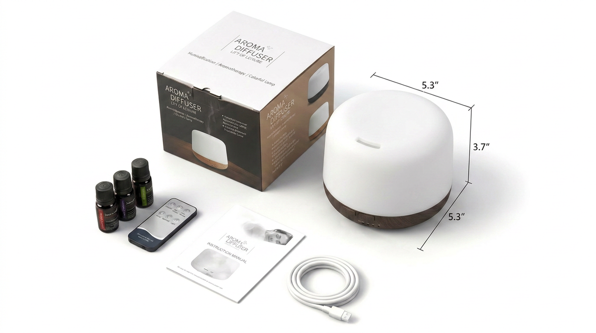 Pniaw 500ml aroma diffuser unboxing set including the product box, diffuser (5.3 x 3.7 x 5.3 inches), remote, Type-C cable, manual, and 3 essential oils.