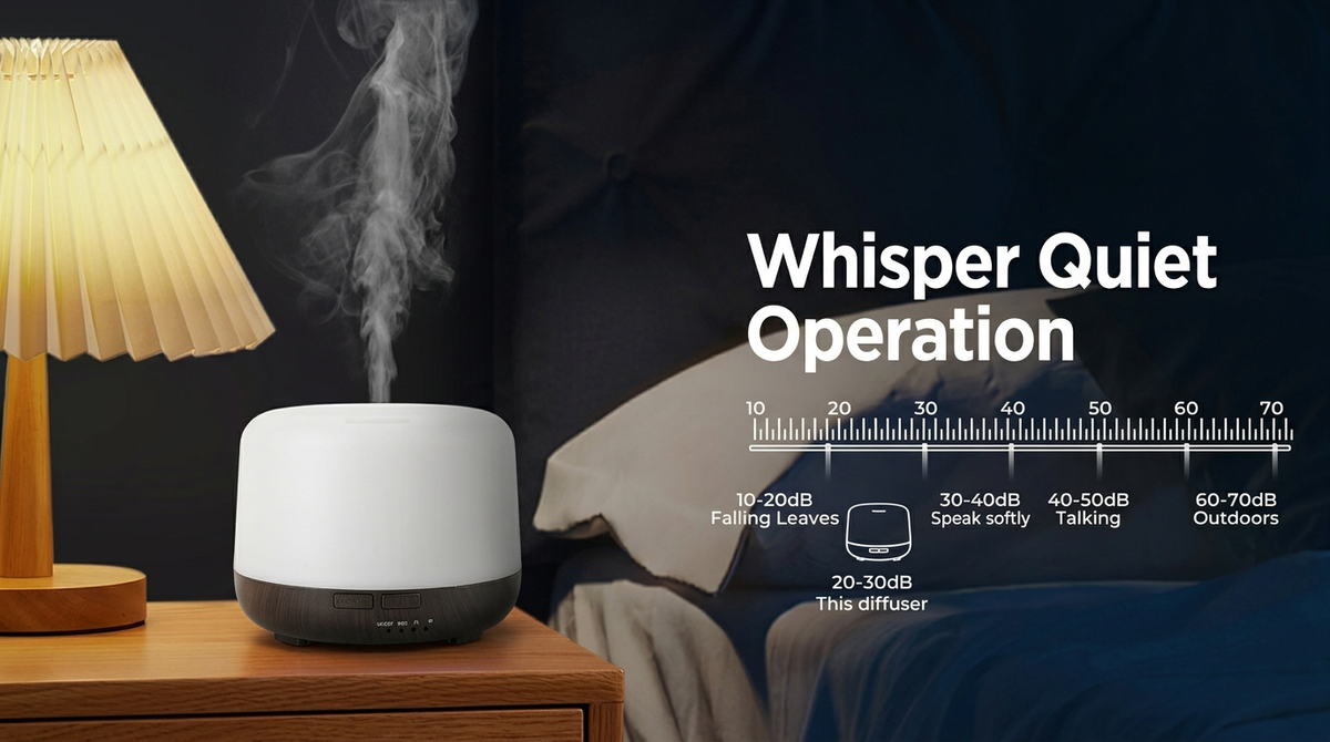 Pniaw 500ml diffuser whisper quiet operation at 20-30dB, quieter than falling leaves, perfect for deep sleep and bedroom use.