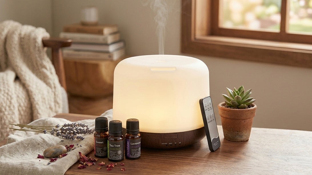 Pniaw 500ml ultrasonic aroma diffuser on a wooden desk by the window with a remote control, Kindle, and therapeutic essential oil set (Lavender, Tea Tree, Sweet Orange).