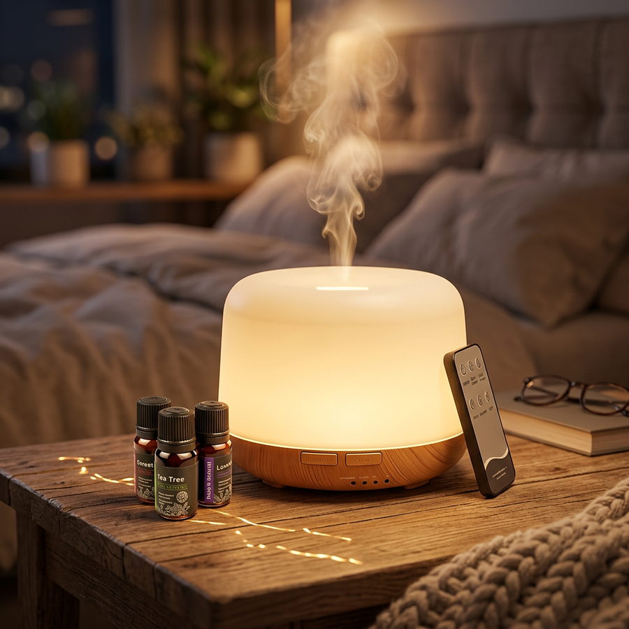 Pniaw 500ml white and light wood grain diffuser on bedroom nightstand with remote control, essential oil set, and warm LED night light glow.