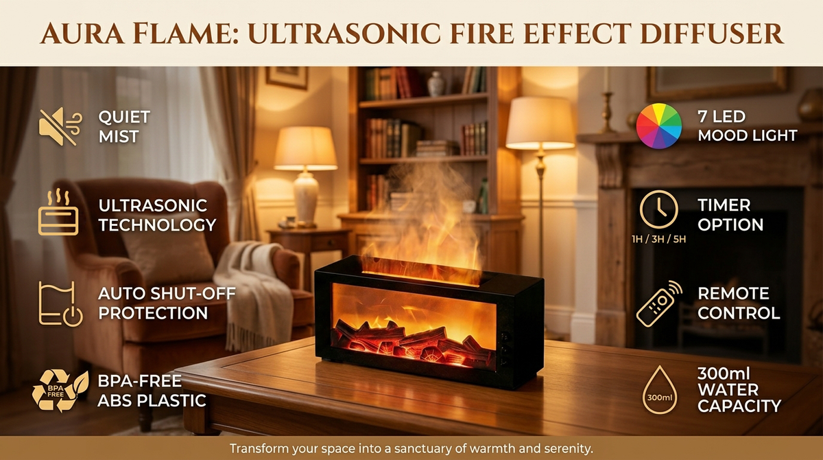 Pniaw Aura Flame ultrasonic fireplace diffuser feature graphic showing 300ml water capacity, 7 LED mood light, timer options, remote control, quiet mist and auto shut-off protection.
