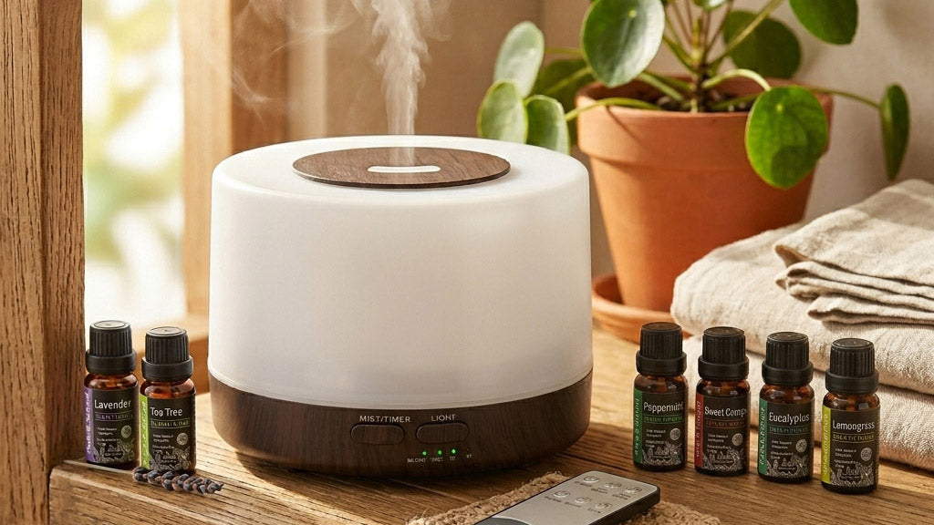 Pniaw round aroma diffuser with dark wood base on a windowsill with a potted plant, surrounded by a 6-bottle essential oil set (Lavender, Tea Tree, Peppermint, Sweet Orange, Eucalyptus, Lemongrass) and remote control.