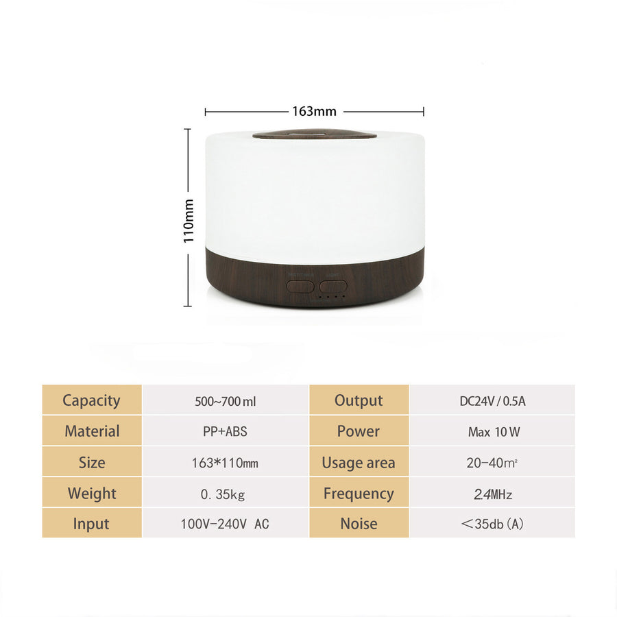 Pniaw dark wood grain round diffuser specifications and size chart: 163mm diameter x 110mm height, 500ml capacity, <35dB noise level, suitable for 20-40m² rooms.