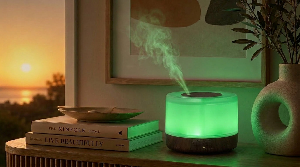 Pniaw round dark wood diffuser glowing with green light on a console table at sunset, styled with books and modern ceramic vase.