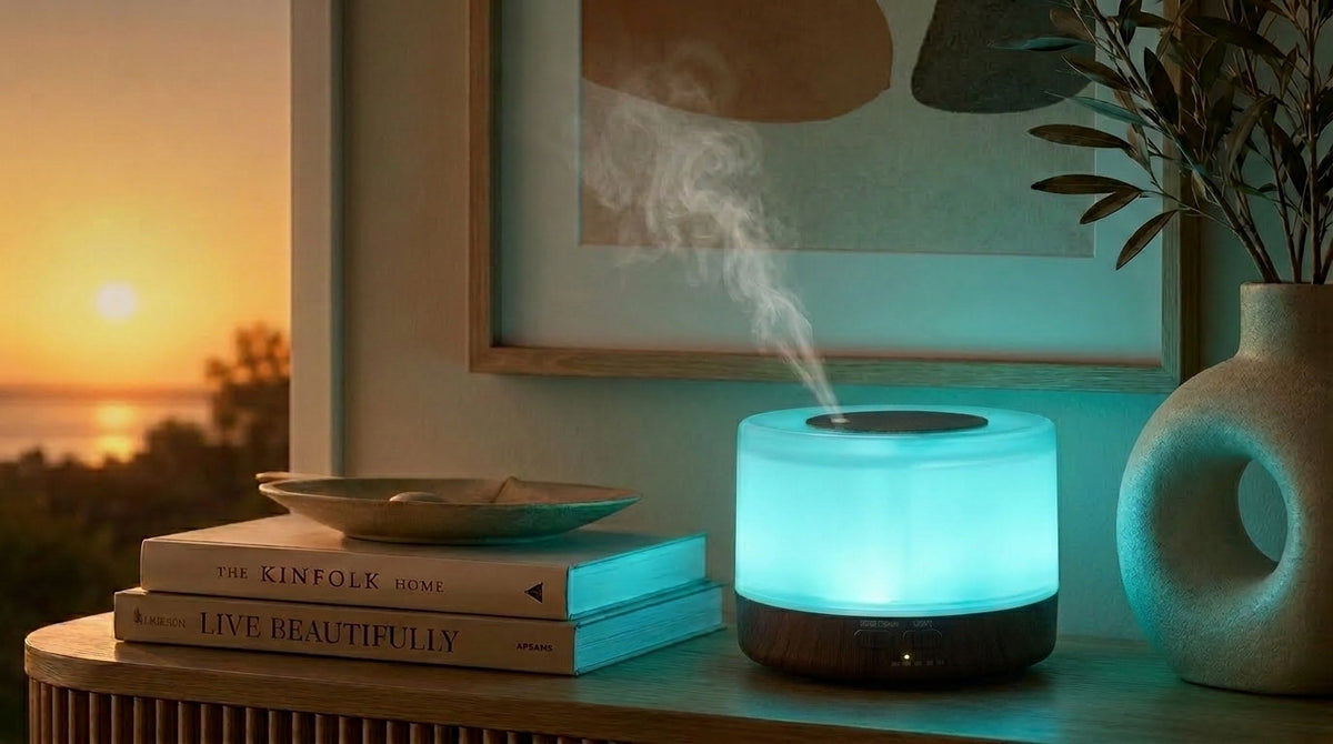 Pniaw round dark wood diffuser glowing with light blue light on a console table at sunset, styled with books and modern ceramic vase.