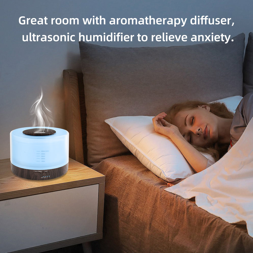 Pniaw round diffuser with blue night light on a bedroom nightstand next to a sleeping woman, acting as an ultrasonic humidifier to relieve anxiety.