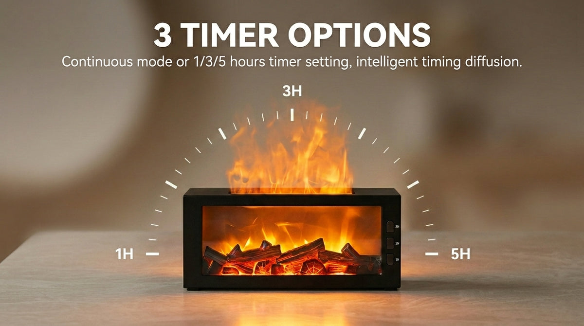 Pniaw fireplace diffuser timer settings showing 1-hour, 3-hour, 5-hour and continuous mode options for intelligent timed aromatherapy diffusion.