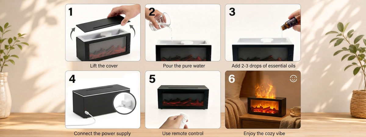 How to use Pniaw fireplace aroma diffuser: lift the cover, add pure water, drop in 2-3 drops of essential oil, connect power via Type-C cable, use the remote control, and enjoy the cozy flame mist.