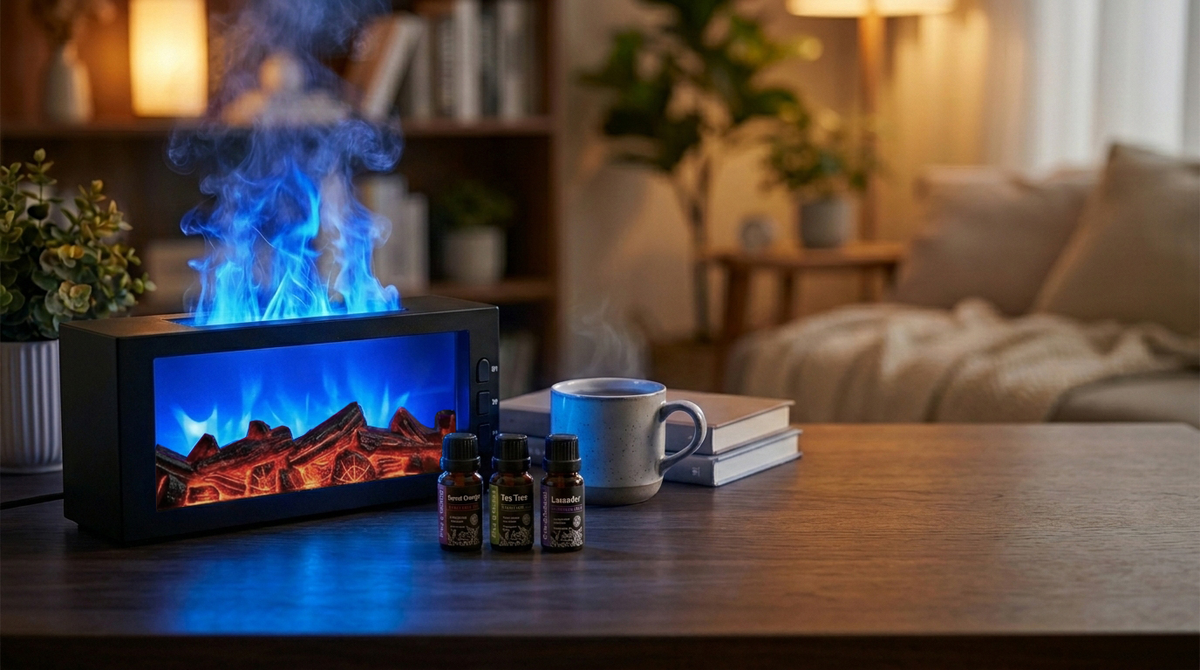 Pniaw black fireplace diffuser with blue LED flame and ultrasonic mist, shown with essential oil bottles and a cup in a cozy room setting.