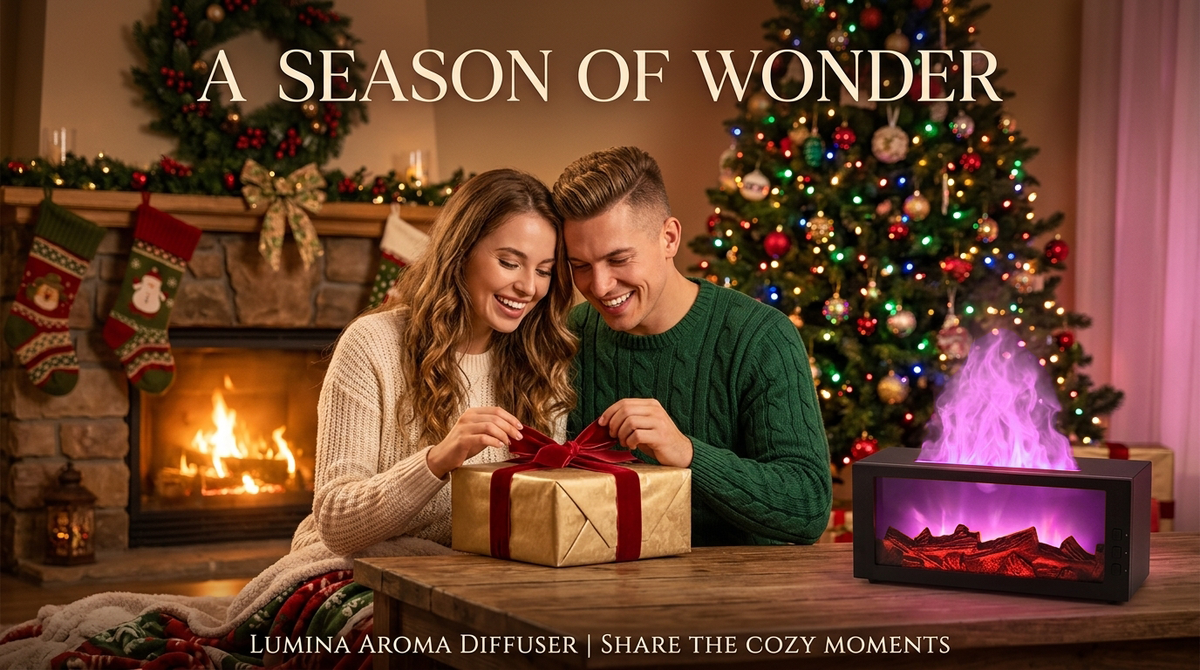 Pniaw fireplace aroma diffuser as a holiday gift idea, shown with purple LED flame light next to a Christmas tree and gift box for cozy seasonal moments.