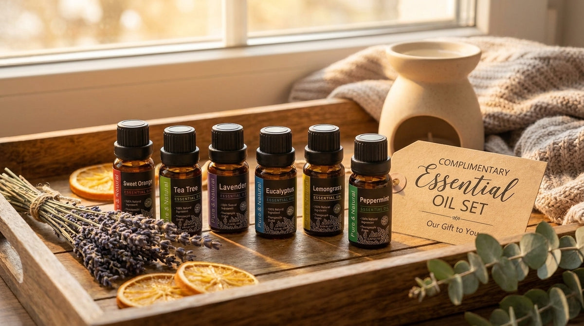 Complimentary gift: Pniaw 6-piece therapeutic essential oil set (Sweet Orange, Tea Tree, Lavender, Eucalyptus, Lemongrass, Peppermint) displayed on a wooden tray with fresh orange slices and lavender.