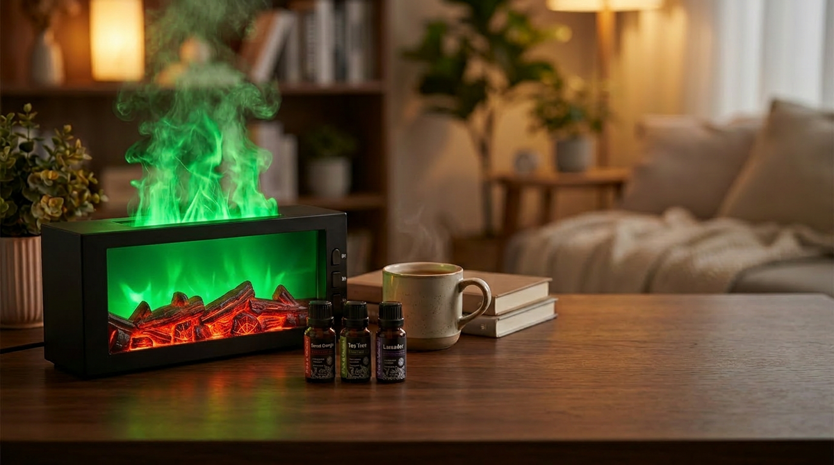Pniaw black fireplace diffuser with green LED flame and ultrasonic mist, shown with essential oil bottles and a cup in a cozy room setting.