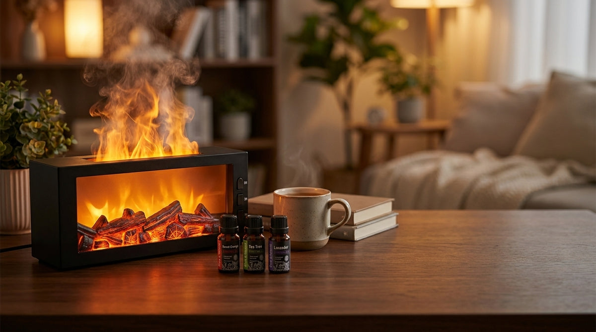 Pniaw black fireplace diffuser with orange LED flame and ultrasonic mist, shown with essential oil bottles and a cup in a cozy room setting.