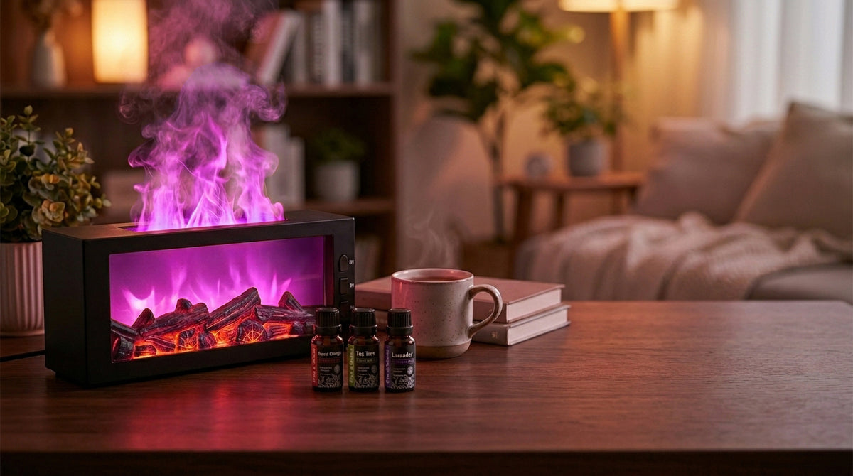 Pniaw black fireplace diffuser with pink LED flame and ultrasonic mist, shown with essential oil bottles and a cup in a cozy room setting.
