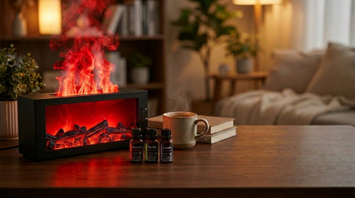 Pniaw black fireplace diffuser with red LED flame and ultrasonic mist, shown with essential oil bottles and a cup in a cozy room setting.