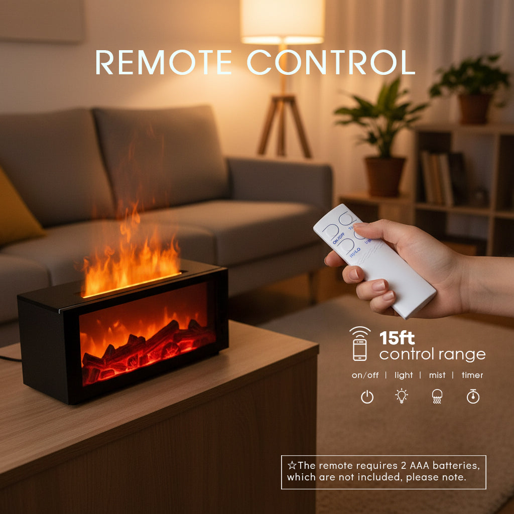 Hand holding the remote control for Pniaw fireplace diffuser in a living room setting, showing on/off, light, mist and timer control with about 15ft range.