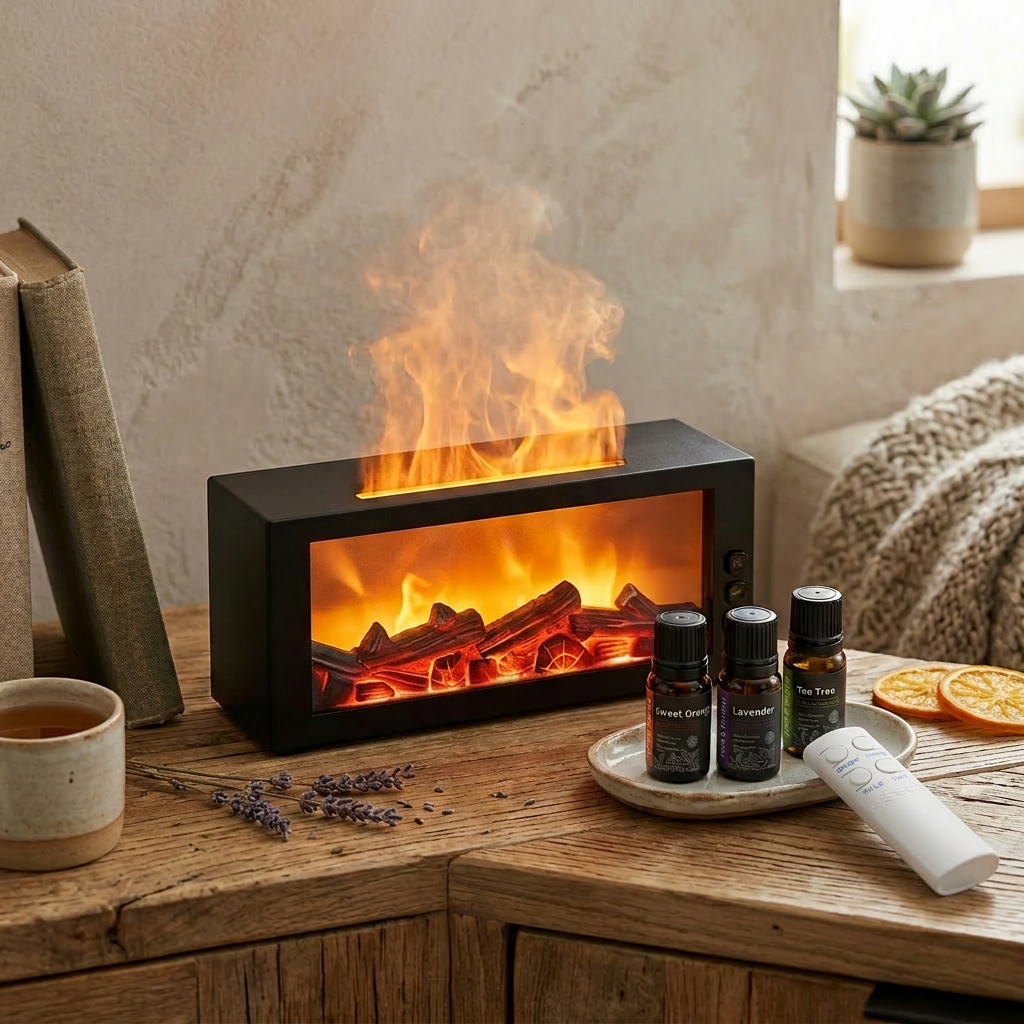 Pniaw fireplace flame diffuser on a rustic wooden table with lavender sprigs, sweet orange slice, essential oil set and remote control.