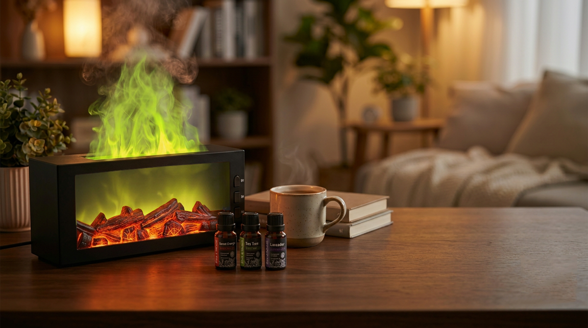 Pniaw black fireplace diffuser with yellow LED flame and ultrasonic mist, shown with essential oil bottles and a cup in a cozy room setting.