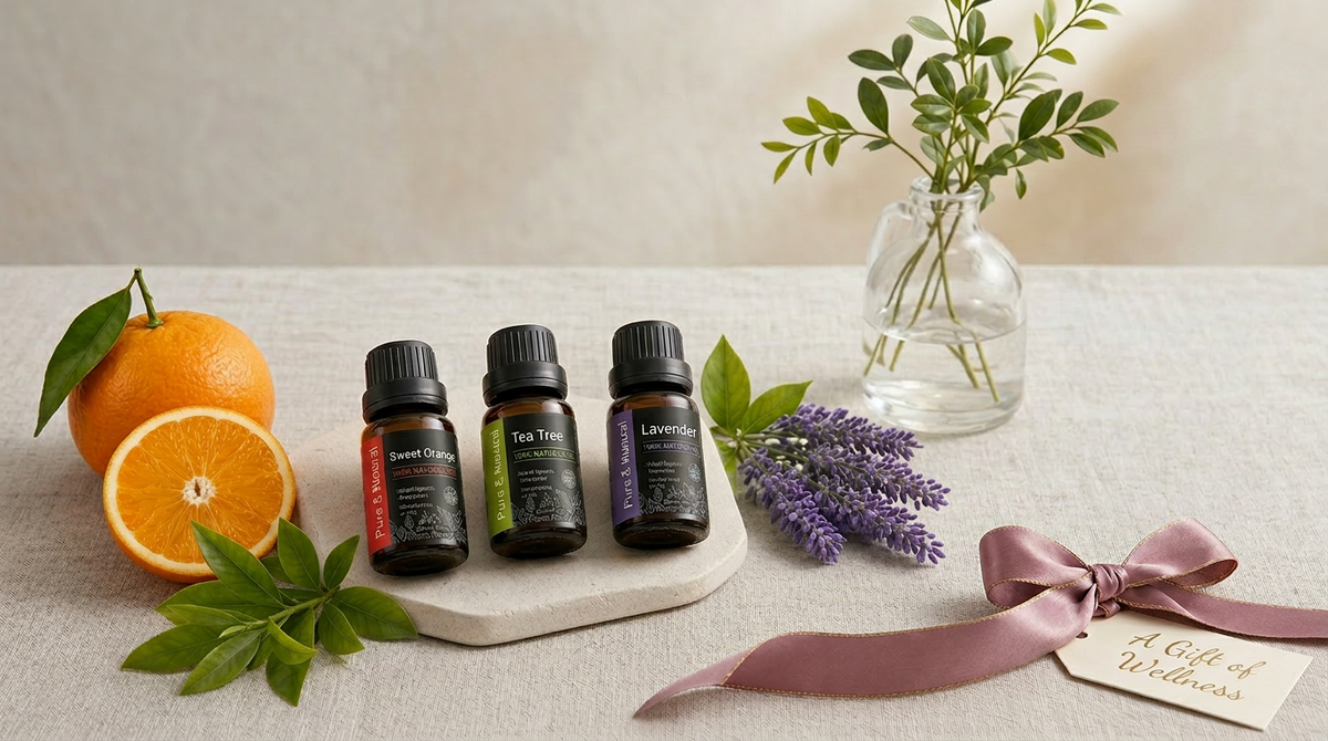 A gift of wellness: Pniaw essential oil set featuring Sweet Orange, Tea Tree, and Lavender bottles styled with fresh fruits, flowers.