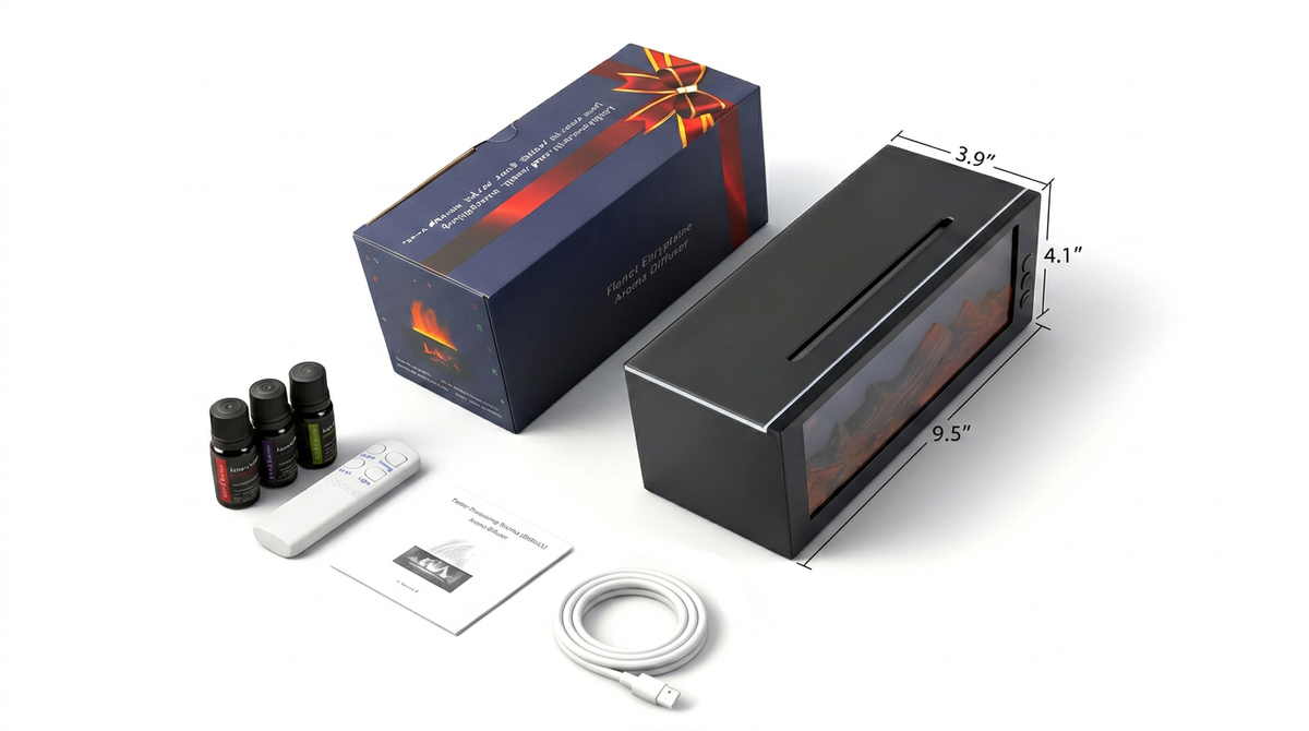 Pniaw fireplace aroma diffuser package contents, with diffuser, essential oils, remote, cable and manual.