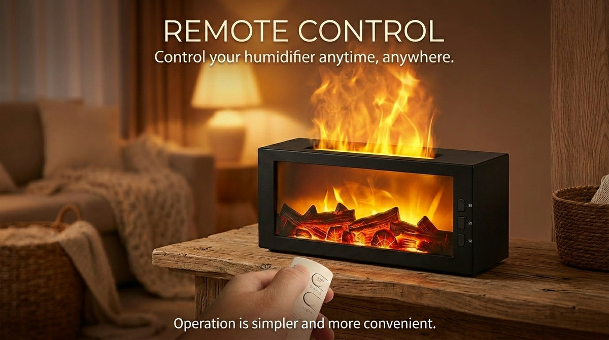 Pniaw fireplace diffuser with remote control on a wooden table in a cozy living room, allowing easy operation of flame light, mist and power from a distance.
