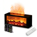Pniaw fireplace-style ultrasonic diffuser with three essential oil bottles, remote control, and LED fire flame mist effect on white background.