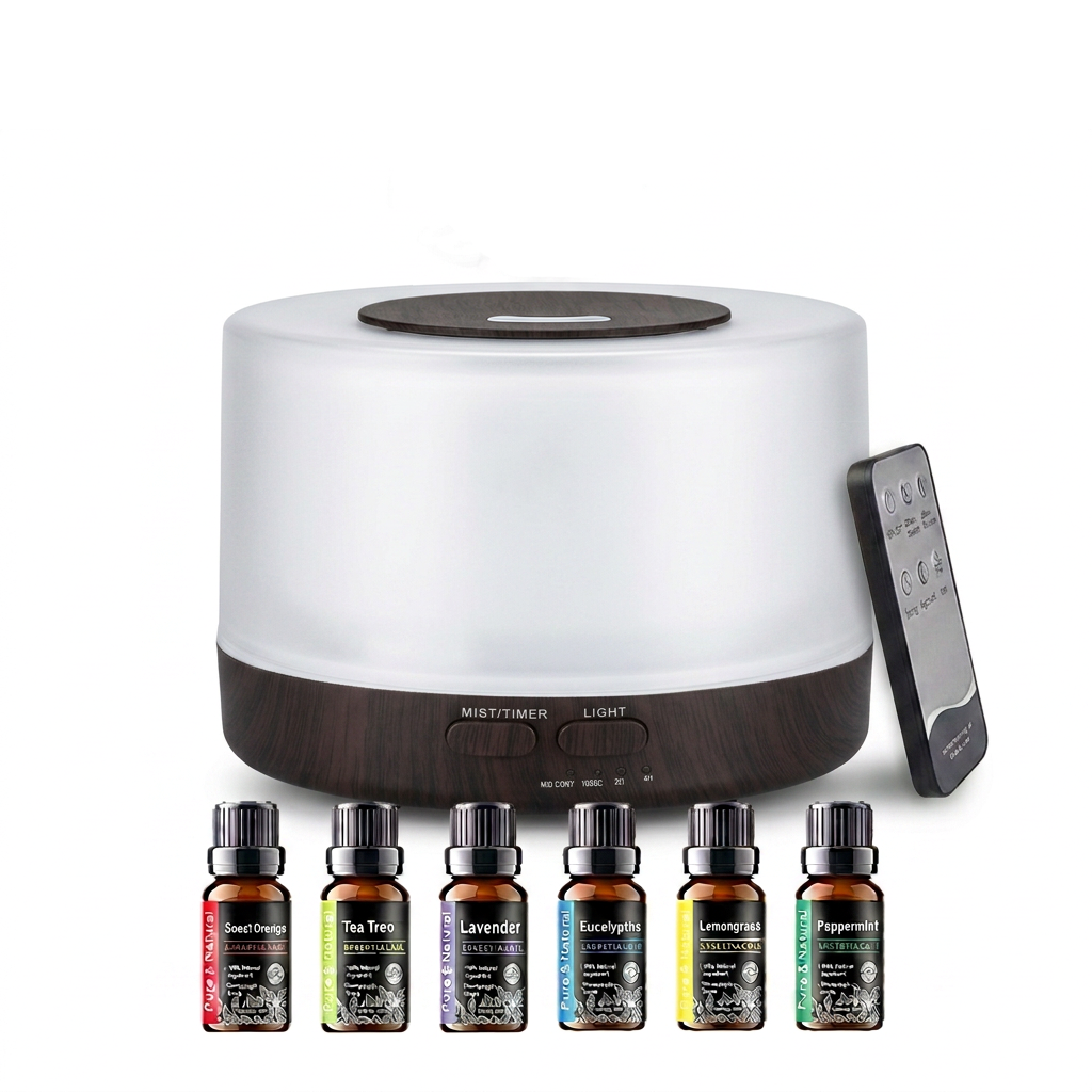 Pniaw round dark wood grain diffuser full set on white background, including a remote control and 6 therapeutic essential oils: Sweet Orange, Tea Tree, Lavender, Eucalyptus, Lemongrass, and Peppermint.
